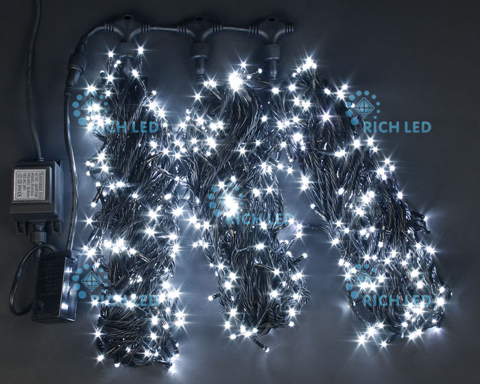 Светодиодная гирлянда Rich LED 3 Нити по 20 м c контроллером, белая, черный провод
