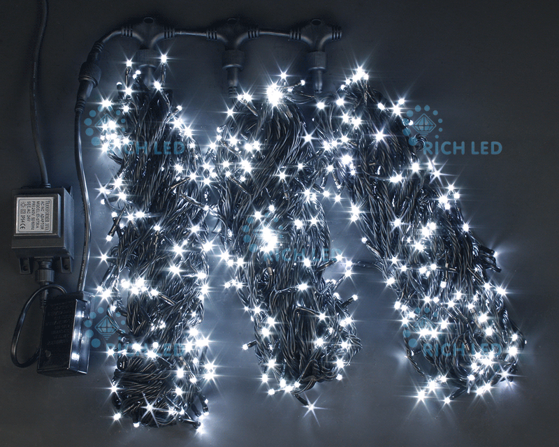 Светодиодная гирлянда Rich LED 3 Нити по 20 м мерцающая, белая, черный провод