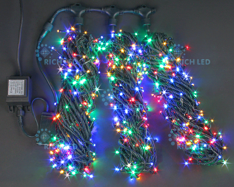 Светодиодная гирлянда Rich LED 3 Нити по 20 м мерцающая, разноцветная, темно-зеленый провод