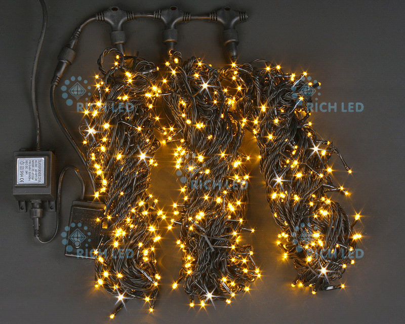 Светодиодная гирлянда Rich LED 3 Нити по 20 м мерцающая, желтая, черный провод
