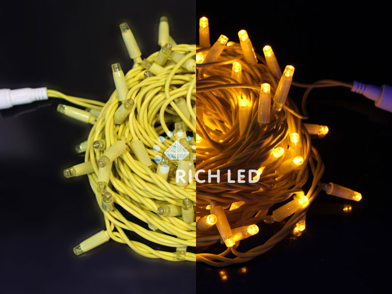 Светодиодная гирлянда Rich LED Нить 10 м, 220 В, герметичный колпачок, IP 65, постоянного свечения, соединяемая, двойная изоляция желтая, желтый