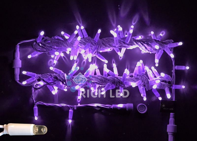 Светодиодная гирлянда Rich LED Нить 10 м, 220В, герметичный колпачок, IP65, соединяемая, постоянного свечения, белый провод, фиолетовая