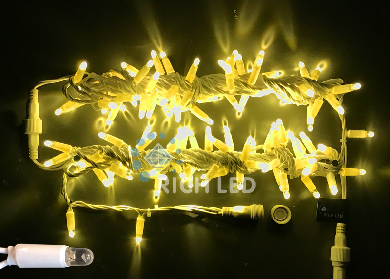 Светодиодная гирлянда Rich LED Нить 10 м, 220В, герметичный колпачок, IP65, соединяемая, постоянного свечения, белый провод, желтая