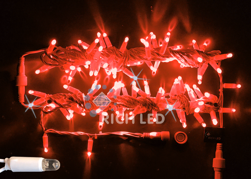 Светодиодная гирлянда Rich LED Нить 10 м, 220В, мерцающая, герметичный колпачок, IP65, соединяемая, белый провод, красная
