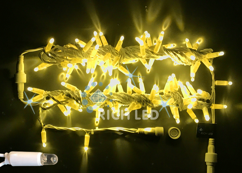Светодиодная гирлянда Rich LED Нить 10 м, 220В, мерцающая, герметичный колпачок, IP65, соединяемая, белый провод, желтая