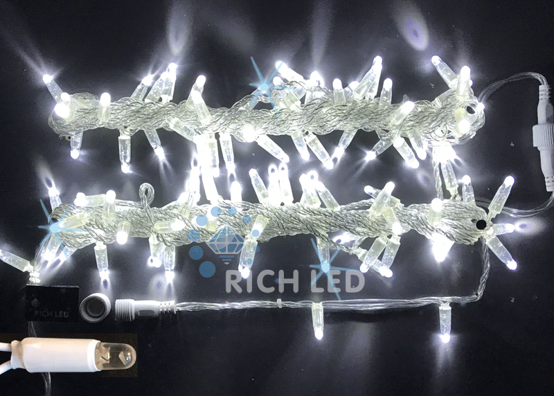 Светодиодная гирлянда Rich LED Нить 10 м, 220В, мерцающая, герметичный колпачок, IP65, соединяемая, прозрачный провод, белая