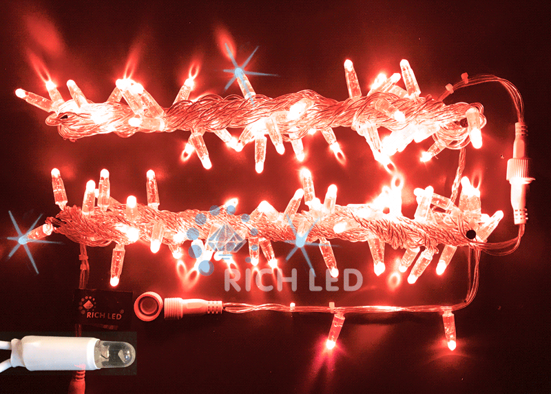 Светодиодная гирлянда Rich LED Нить 10 м, 220В, мерцающая, герметичный колпачок, IP65, соединяемая, прозрачный провод, красная