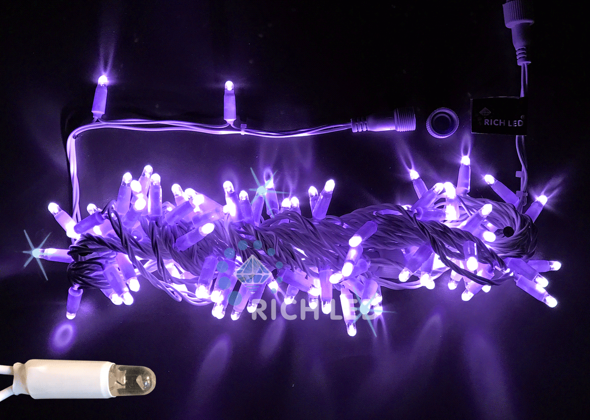 Светодиодная гирлянда Rich LED Нить 10 м, 24В, мерцающая, герметичный колпачок, IP65, прозрачный провод, фиолетовая