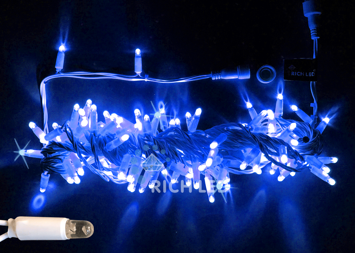 Светодиодная гирлянда Rich LED Нить 10 м, 24В, мерцающая, IP65, герметичный колпачок, соединяемая, белый провод, синяя