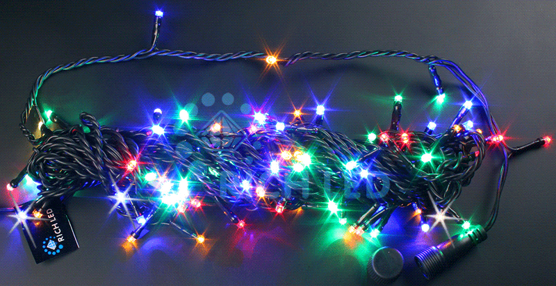 Светодиодная гирлянда Rich LED Нить 10 м, 24В, мерцающая, соединяемая, черный провод, мульти