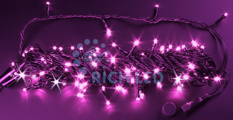 Светодиодная гирлянда Rich LED Нить 10 м, 24В, мерцающая, соединяемая, черный провод, розовая