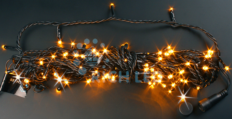 Светодиодная гирлянда Rich LED Нить 10 м, 24В, мерцающая, соединяемая, черный провод, желтая