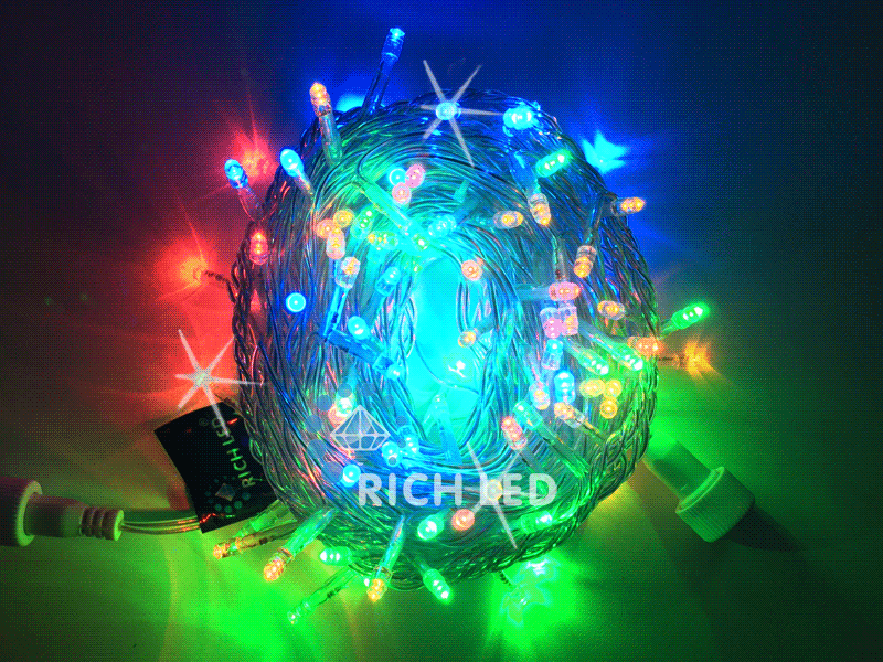 Светодиодная гирлянда Rich LED Нить 10 м, 24В, мерцающая, соединяемая, прозрачный провод, мульти