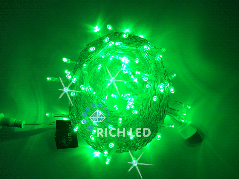 Светодиодная гирлянда Rich LED Нить 10 м, 24В, мерцающая, соединяемая, прозрачный провод, зеленая