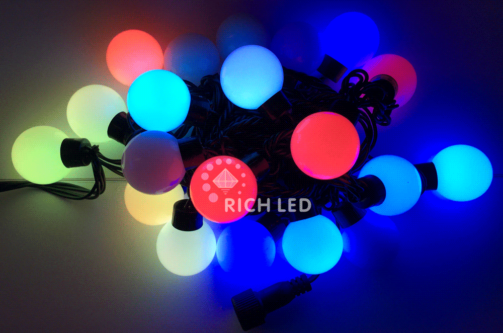 Светодиодная гирлянда Rich LED Шарики RGB БОЛЬШИЕ, 4 см, 5 м, соединяемая, черный провод