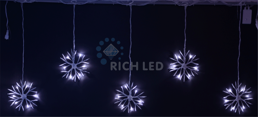 Светодиодные подвески Rich LED Снежинки 3х0.7 м, с контроллером, белые, белый провод