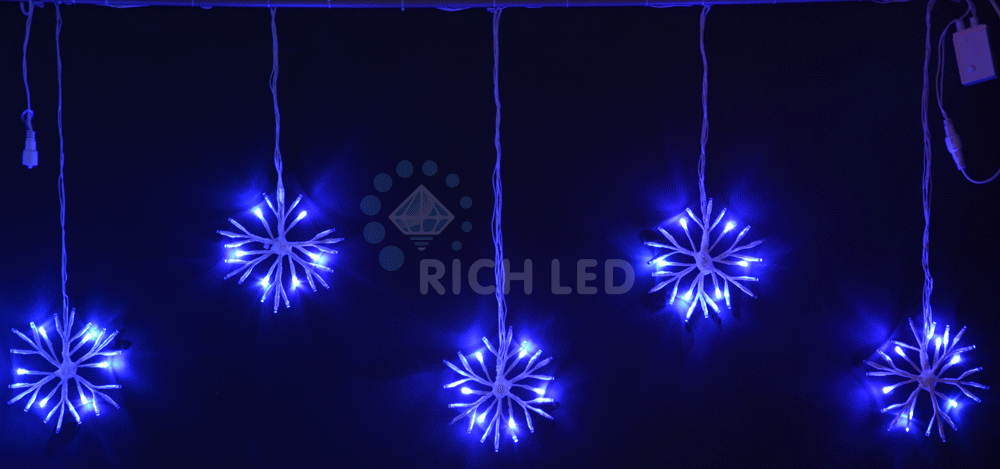 Светодиодные подвески Rich LED Снежинки 3х0.7 м, с контроллером, синие, белый провод