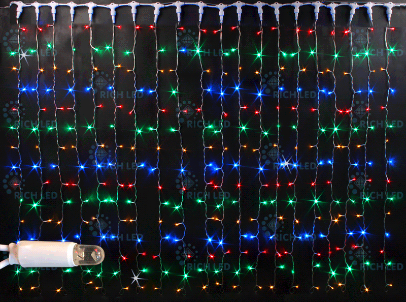 Светодиодный занавес Rich LED мерцающий, IP65, герметичный колпачок, черный провод, 2х6 м, мульти