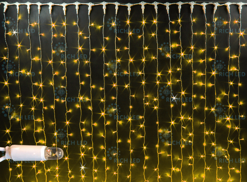 Светодиодный занавес Rich LED мерцающий, IP65, герметичный колпачок, черный провод, 2х9 м, желтый