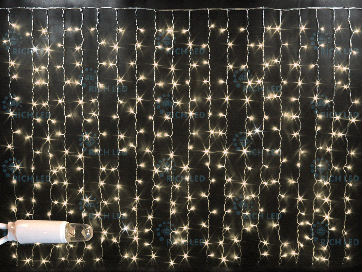 Световой занавес облегченный мерцающий Rich LED, герметичный колпачок IP65, белый провод, 2х1.5 м, мерцающий, теплый белый