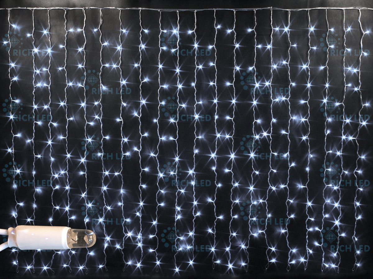 Световой занавес облегченный мерцающий Rich LED, герметичный колпачок IP65, белый провод, 2х1.5 м,  белый