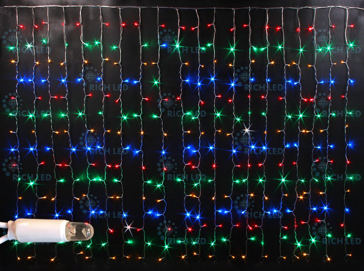 Световой занавес облегченный мерцающий Rich LED, герметичный колпачок IP65, белый провод, 2х1.5 м,  мульти