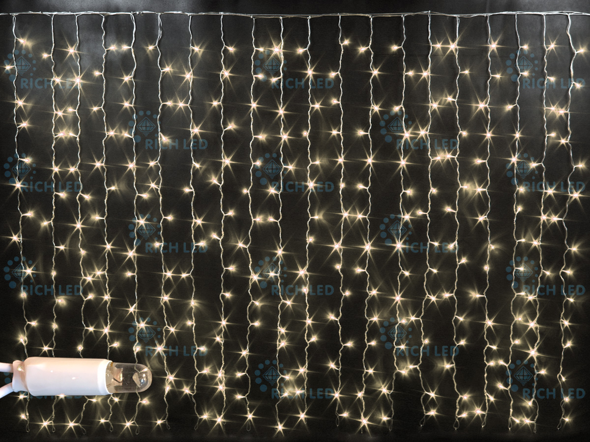 Световой занавес облегченный Rich LED, герметичный колпачок IP65, белый провод, 2х1.5 м,  теплый белый