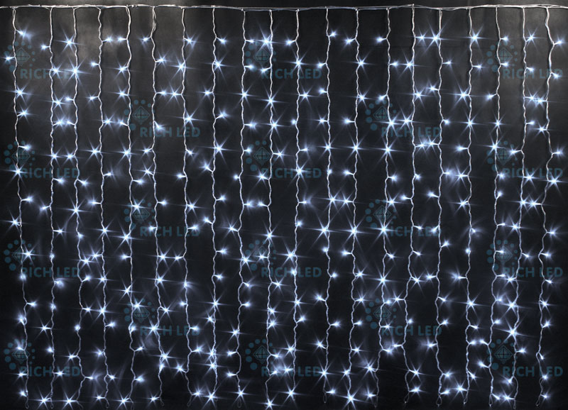 Световой занавес Rich LED облегченный, прозрачный провод, 2х1.5 м, белый