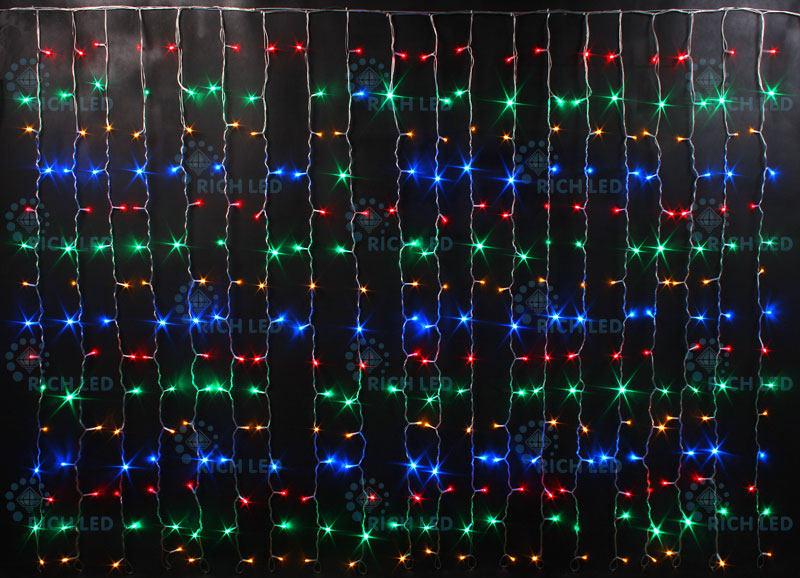 Световой занавес Rich LED облегченный, прозрачный провод, 2х1.5 м, мульти