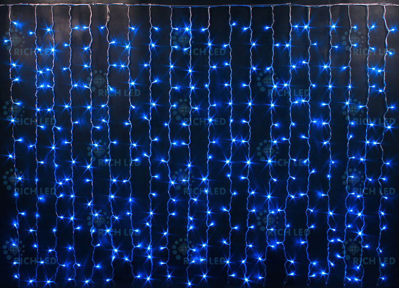Световой занавес Rich LED облегченный, прозрачный провод, 2х1.5 м, синий