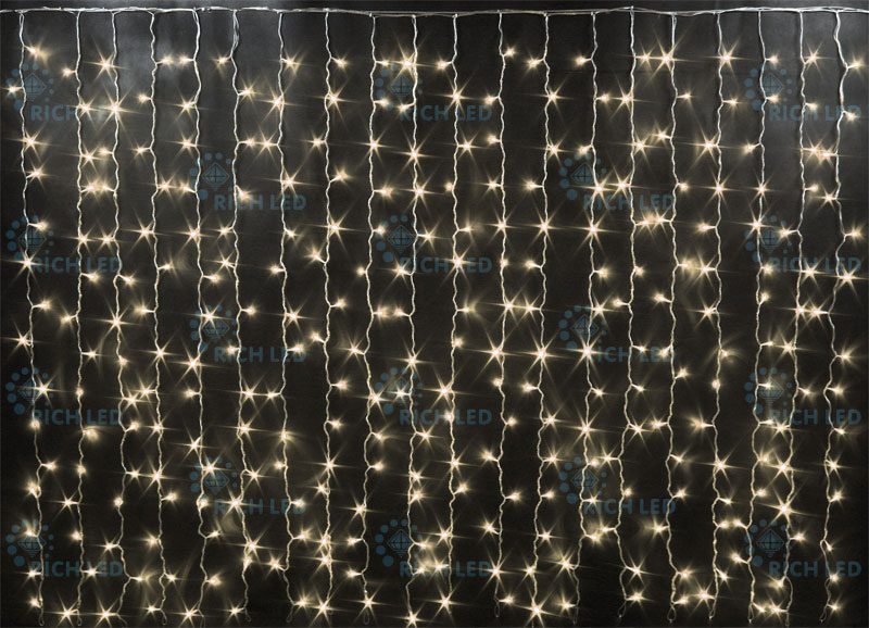 Световой занавес Rich LED облегченный, прозрачный провод, 2х1.5 м, теплый белый