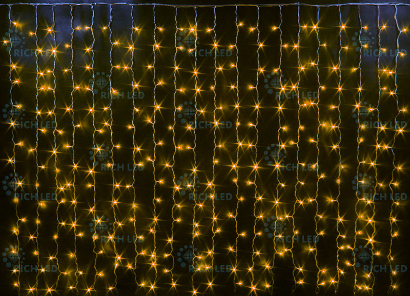 Световой занавес Rich LED облегченный, прозрачный провод, 2х1.5 м, желтый